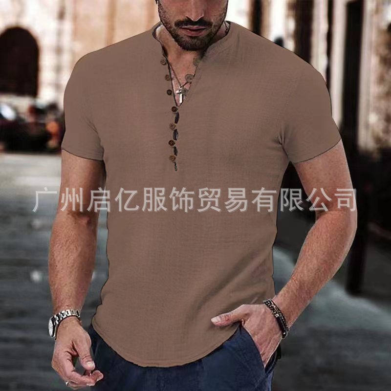Men's Linen Casual Shirt - Simple V-Neck Summer Wear