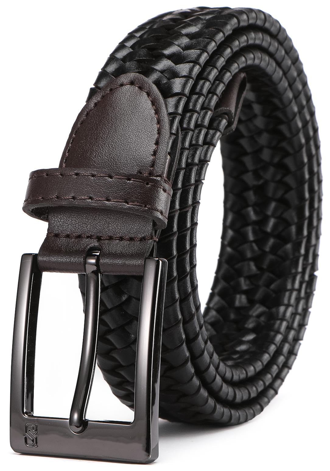 SAKIZITO Braided Leather Belt for Men - 1 1/4“ Woven Mens Stretch Belt for Dress Pants - Mens Black Belt