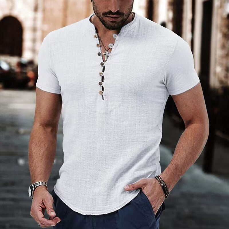 Men's Linen Casual Shirt - Simple V-Neck Summer Wear