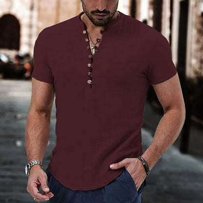 Men's Linen Casual Shirt - Simple V-Neck Summer Wear