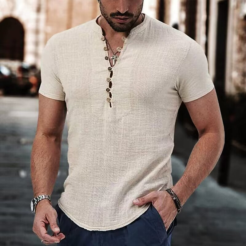 Men's Linen Casual Shirt - Simple V-Neck Summer Wear