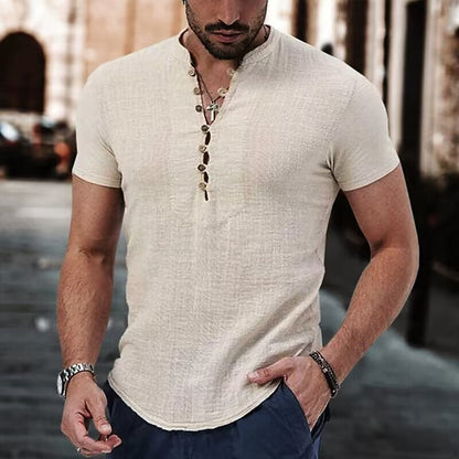 Men's Linen Casual Shirt - Simple V-Neck Summer Wear