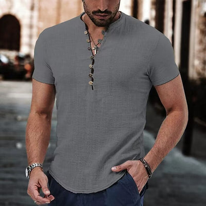 Men's Linen Casual Shirt - Simple V-Neck Summer Wear