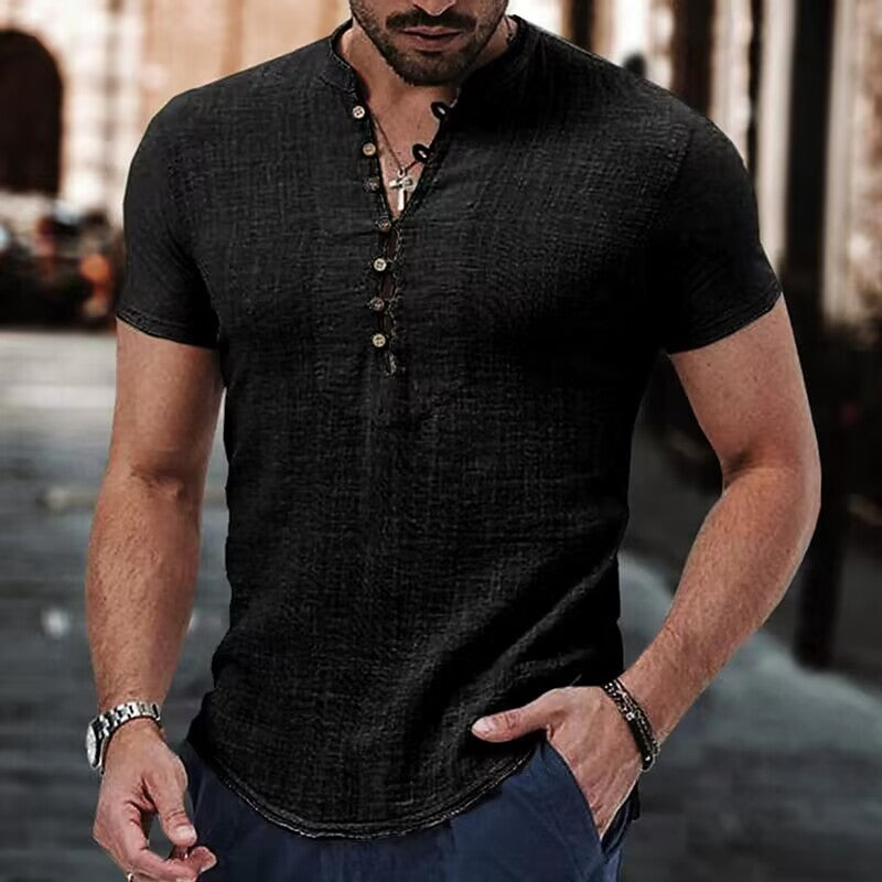 Men's Linen Casual Shirt - Simple V-Neck Summer Wear