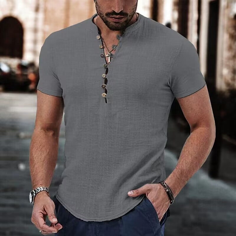 Men's Linen Casual Shirt - Simple V-Neck Summer Wear
