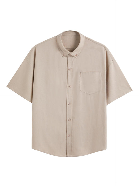 PINDODA Mens Linen Button Down Shirts Casual Short Sleeve Slim Fit Dress Shirt Beach Summer Clothes Beige